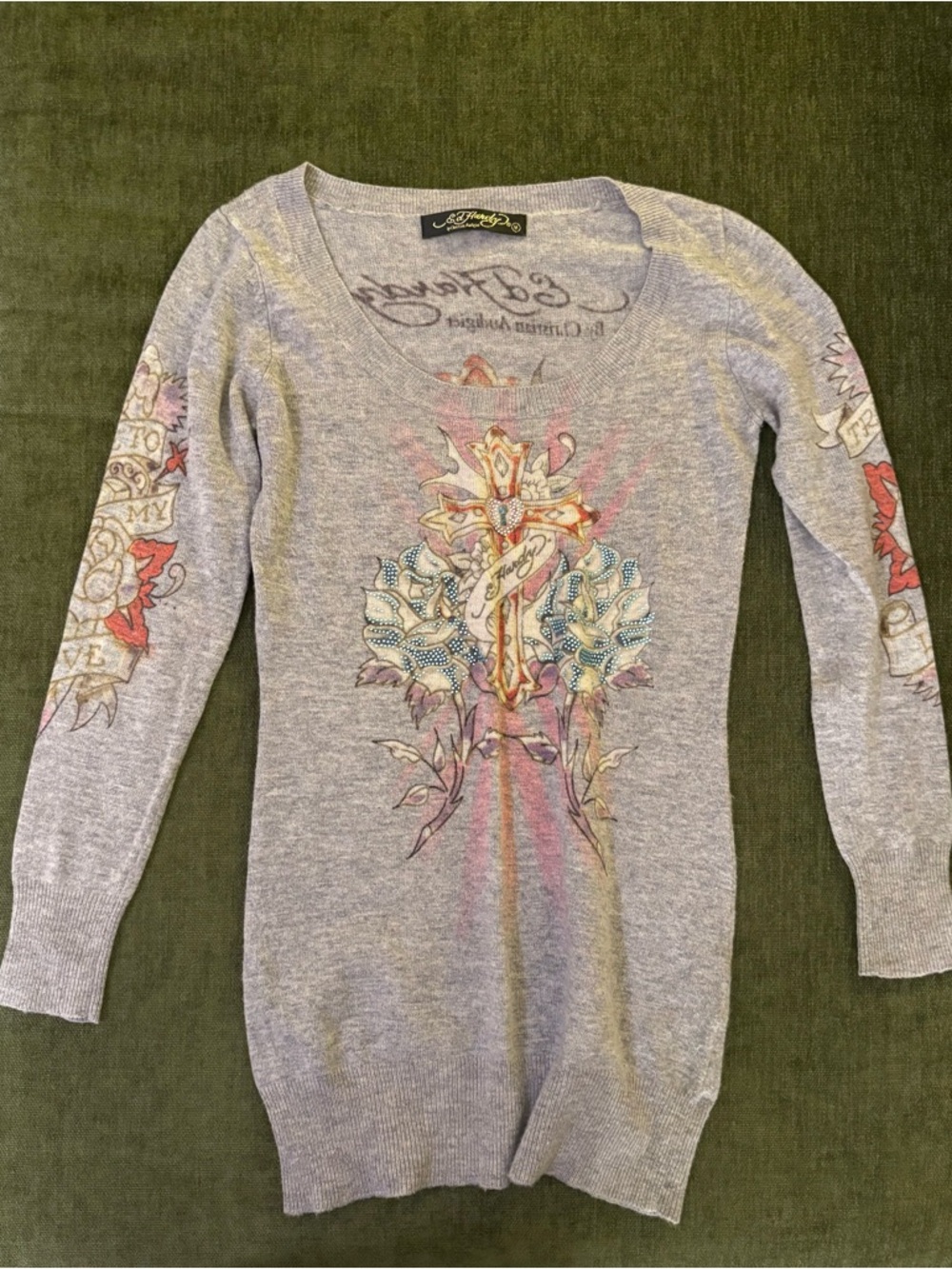 Ed Hardy Black Label Heather Gray Sweater with Script Graphic